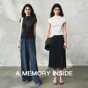 醋酸修身 Memory Inside显瘦整夏 半高领抽褶T恤女2025新 小飞袖