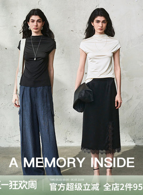 A Memory Inside显瘦整夏 醋酸修身小飞袖半高领抽褶T恤女2025新