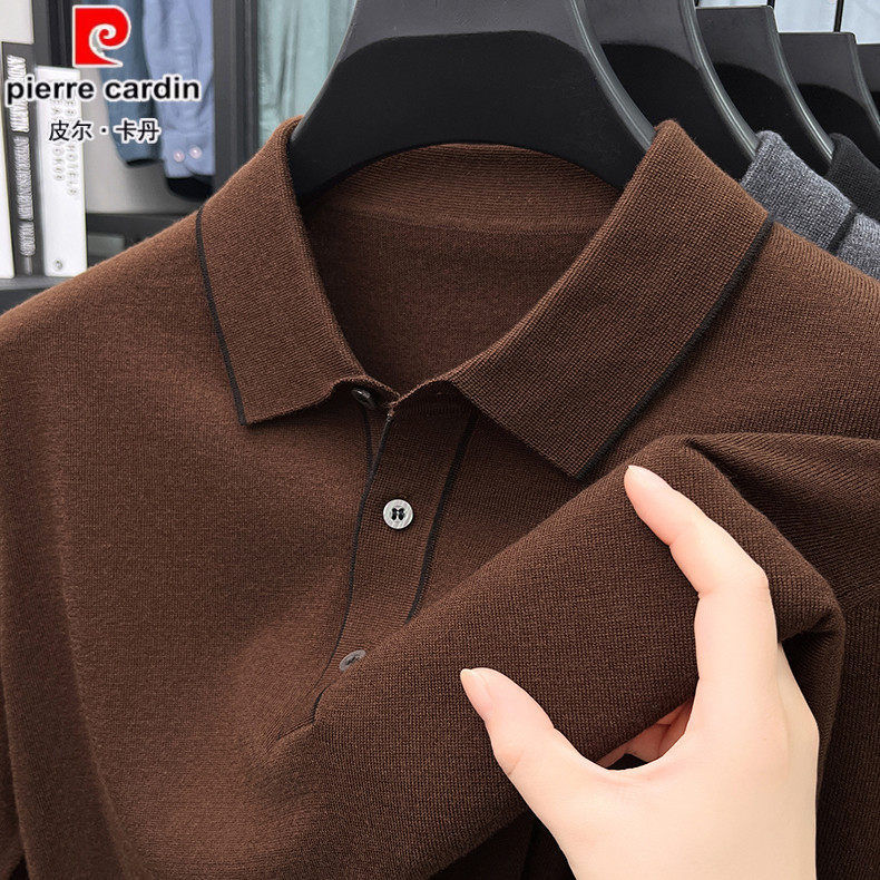 皮尔卡丹高端羊绒+桑蚕丝薄针织衫2024秋季休闲中年翻领长袖T恤男