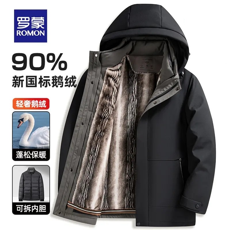 罗蒙男士仿貂绒可脱卸保暖羽绒服