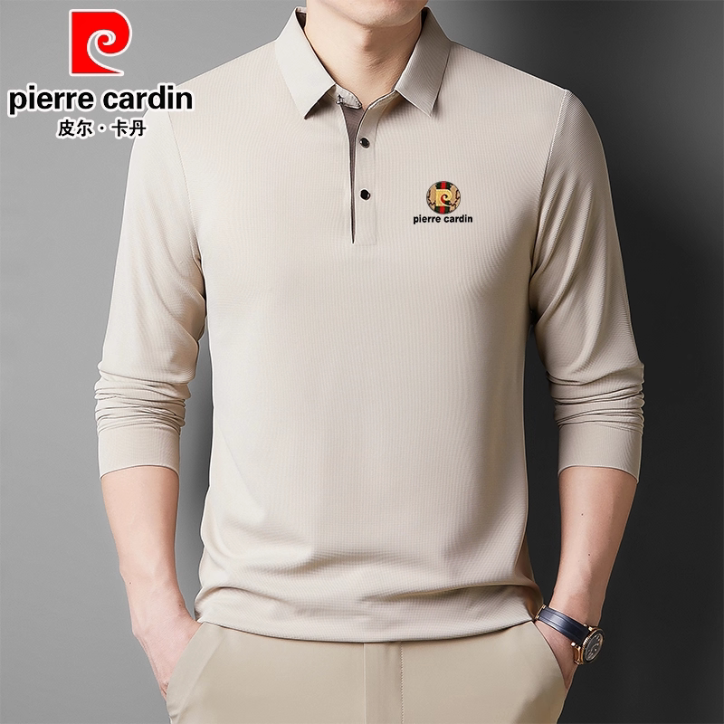 皮尔卡丹2026春季新款男士桑蚕丝长袖T恤中年宽松休闲翻领POLO衫