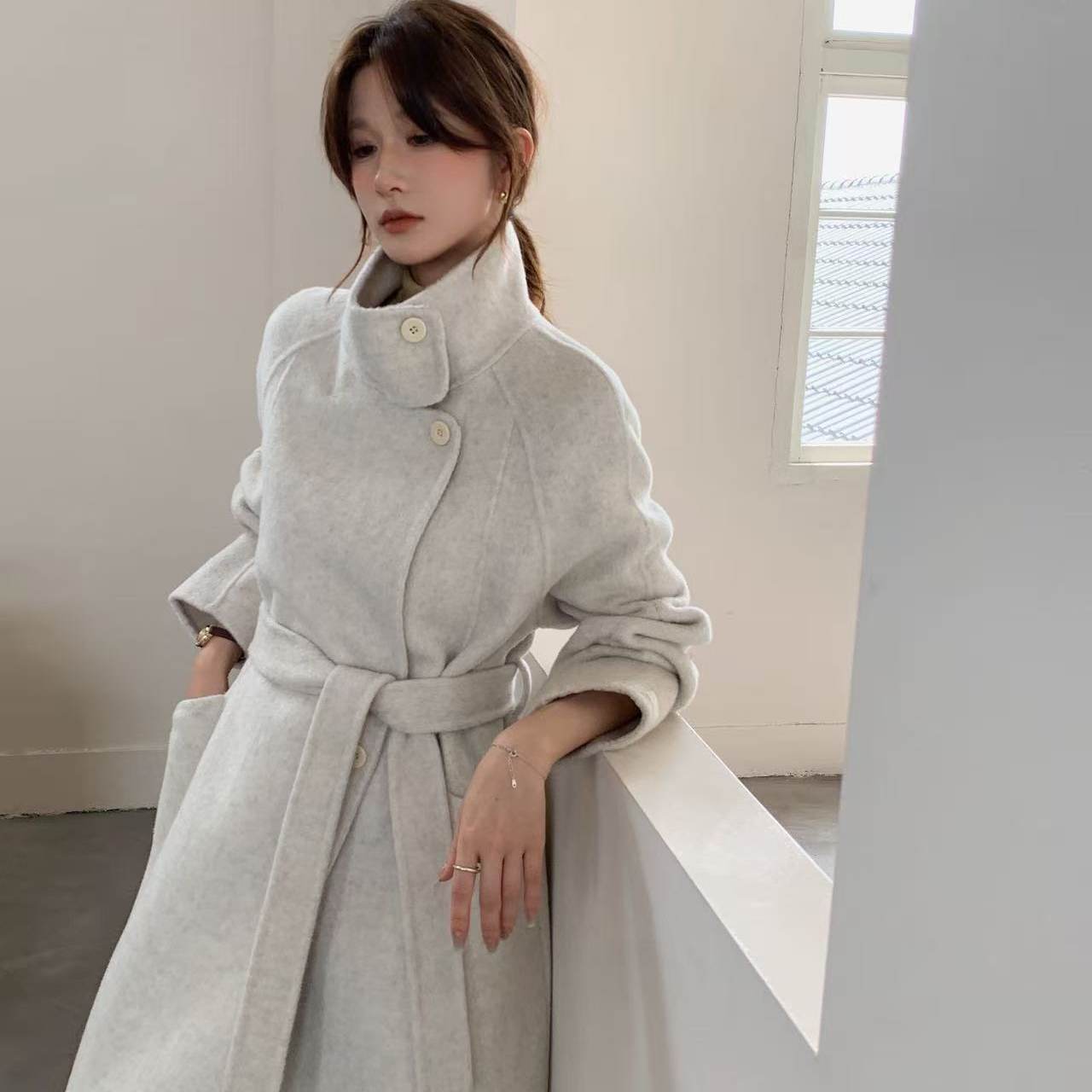 赫本风立领双面羊毛大衣女