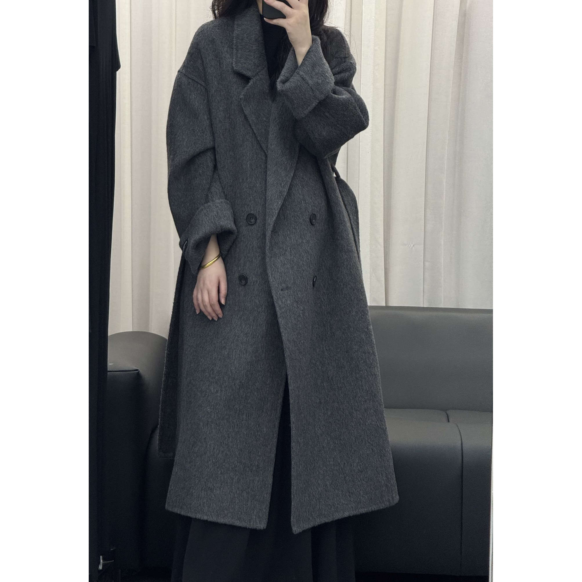 高级感灰色双面羊绒大衣女