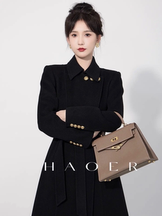 简漫黑金气质双面羊毛大衣女秋冬新款正肩腰带中长款过膝毛呢外套