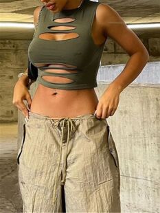 fit solid women镂空修身 out 背心女 for slim vest Hollow color