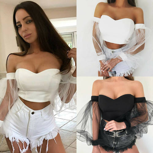 Off Shoulder Bubble Sleeve Ladies V Neck Tops Tube Crop Top