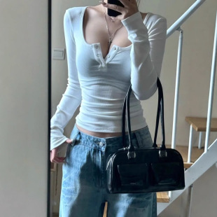 color basic long topU领纯色基础款 solid sleeved 上衣女 neck