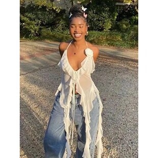 Hanging fit neck slim vest backless 挂脖露背绑带纱网小背心女