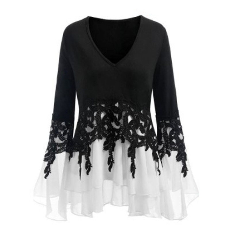 Plus Size White Blouse Womens Tops and Blouses喇叭袖V领上衣