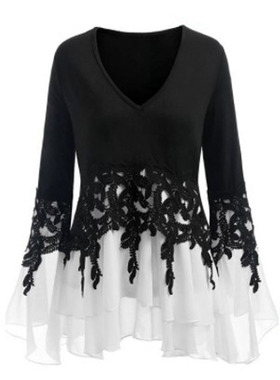 Plus Size White Blouse Womens Tops and Blouses喇叭袖V领上衣