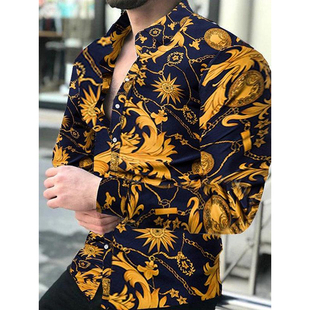 Men's Fashion Nightclub Long Sleeve Floral Shirt夜店碎花衬衫