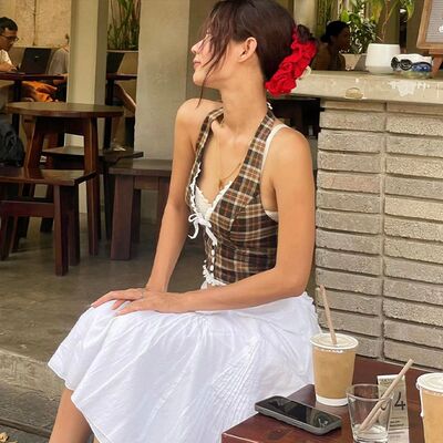 欧美风格子条纹挂脖印花马甲女