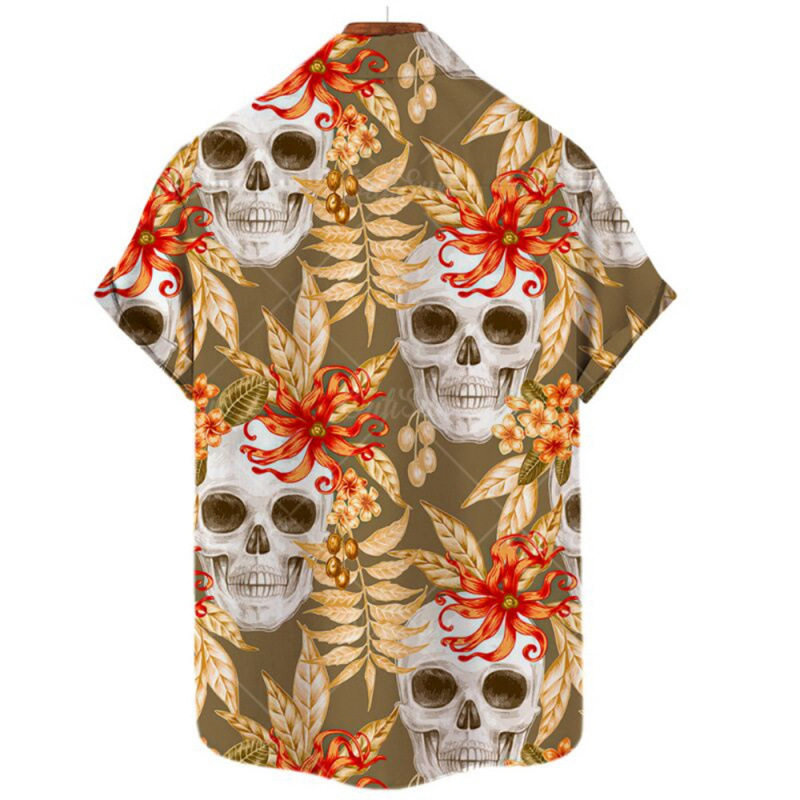 骷髅头印花衬衫男短袖V领3D数码印花 Casual short-sleeved shirt