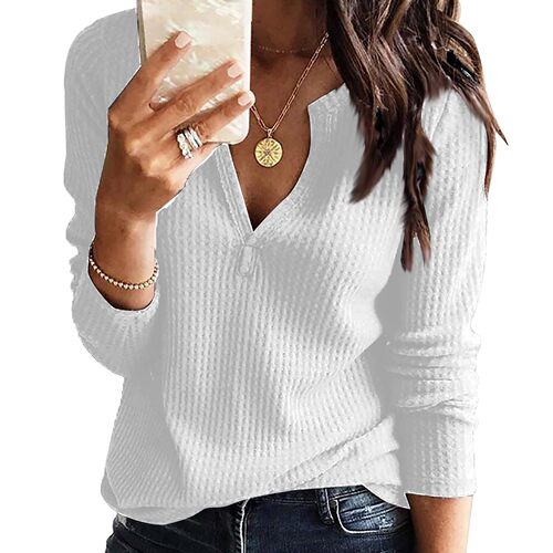 European and American spring and autumn waffle V-neck top