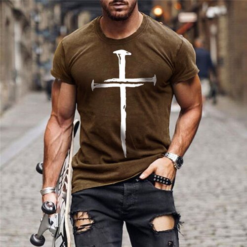 Cross Print Crew Neck Casual Sports T-Shirt 十字印花圆领T恤