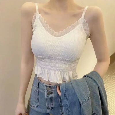 V领木耳边丝带胸垫外穿吊带