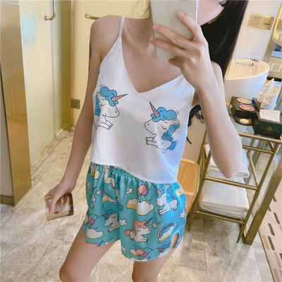 V领吊带短裤家居睡衣套装