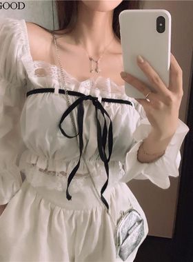 Women's white ruffle short shirt top女士白色荷叶边短衬衫上衣