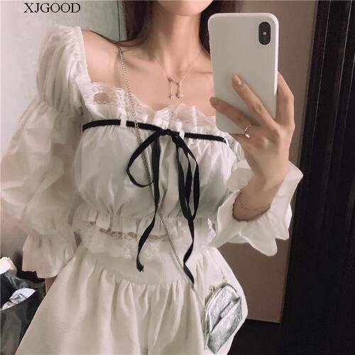 Women's white ruffle short shirt top女士白色荷叶边短衬衫上衣