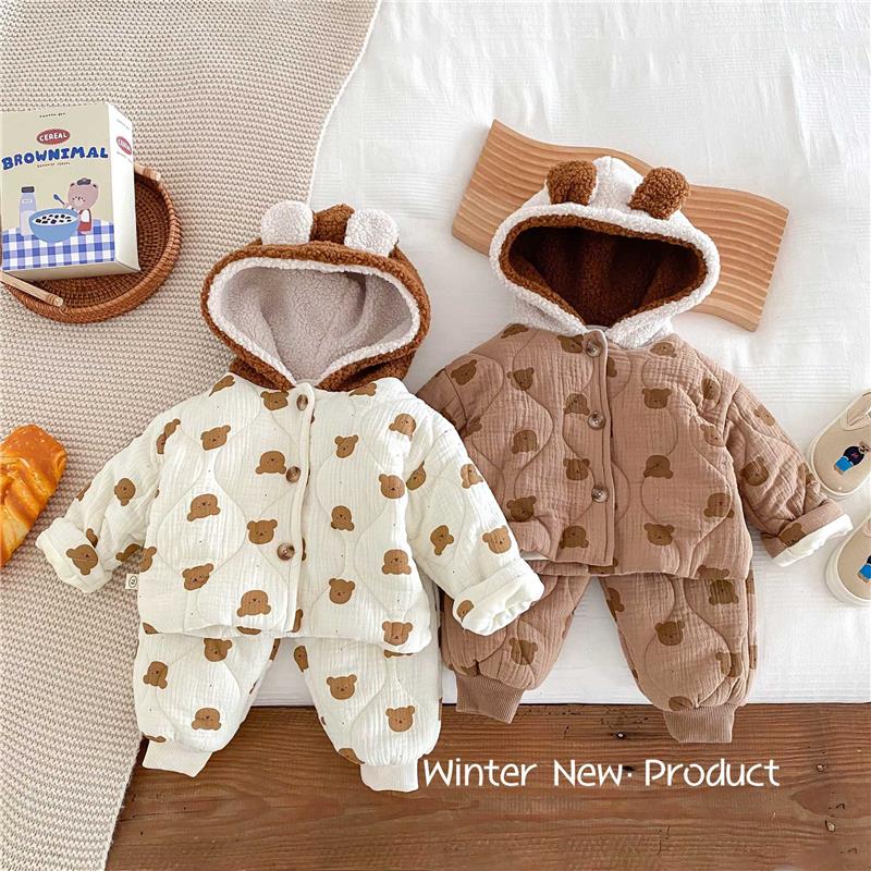 冬季婴儿加绒夹棉分体套装0-5岁男女宝宝连帽棉服保暖裤子两件套