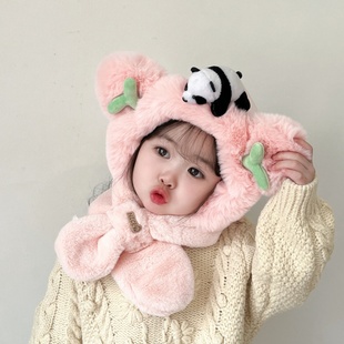 儿童冬季帽子围巾一体帽女宝宝两件套可爱婴儿毛绒帽保暖护耳加厚