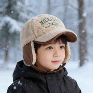 儿童帽子男童仿羊羔绒飞行员帽冬季加厚保暖护耳棒球帽护耳防寒帽