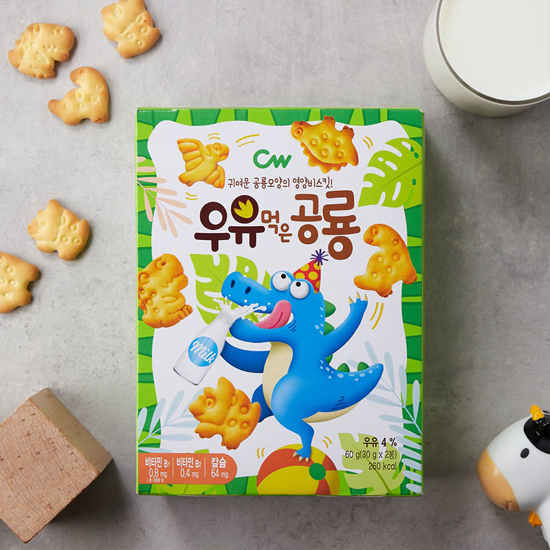 韩国原装进口青佑牌恐龙形牛奶饼干60g/盒装儿童休闲零食动物饼干
