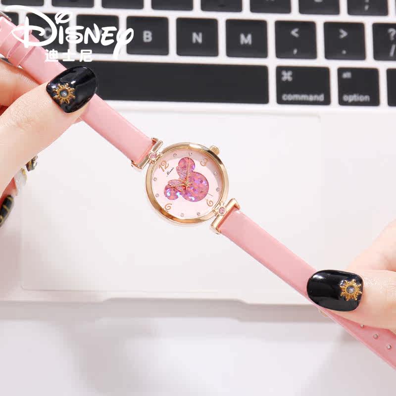 迪士尼手表女款官方米奇防水时尚潮流石英中学生皮带钻儿童
