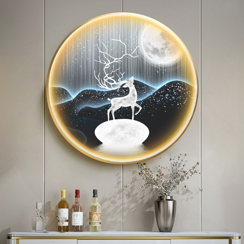 现代轻奢玄关装饰画麋鹿发光led灯画现代圆形挂画卧室装饰氛围画图片