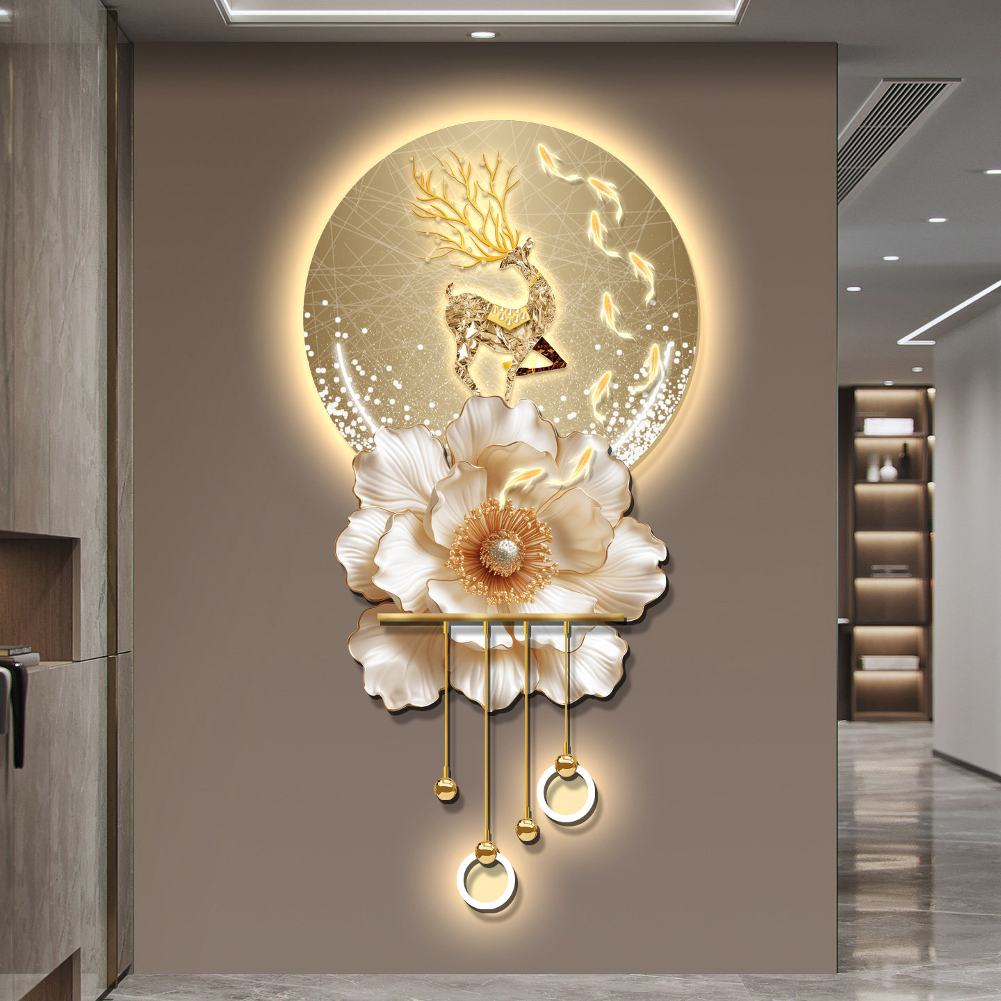 2025新款轻奢玄关装饰画高级感立体壁灯画入户走道挂画福鹿九鱼图