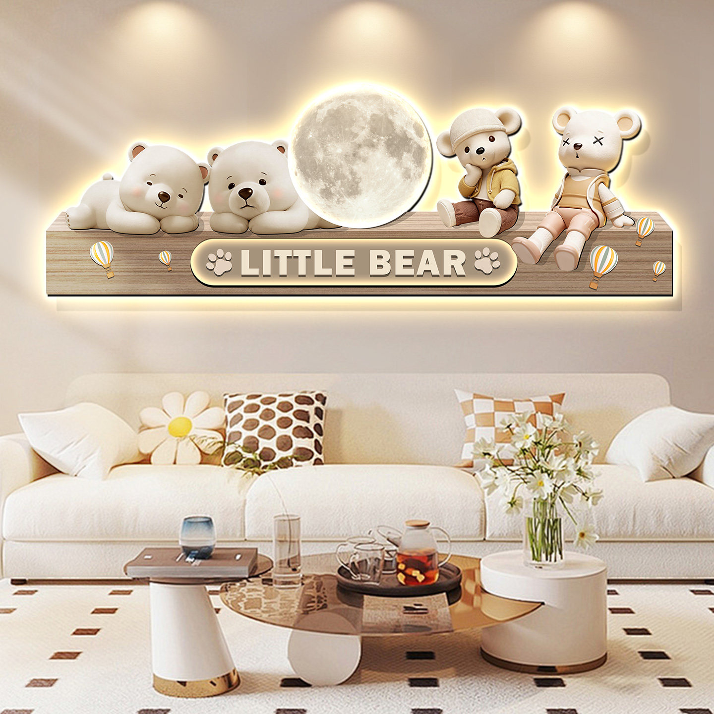 奶油风潮流小熊客厅装饰画新款沙发背景墙壁灯画创意卧室床头挂画,家居饰品,现代装饰画,淘宝优惠券,粉丝福利购,淘宝优惠卷