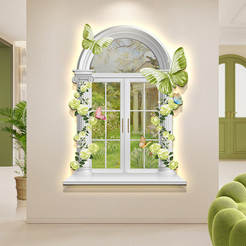 奶油风窗户风景玄关装饰画