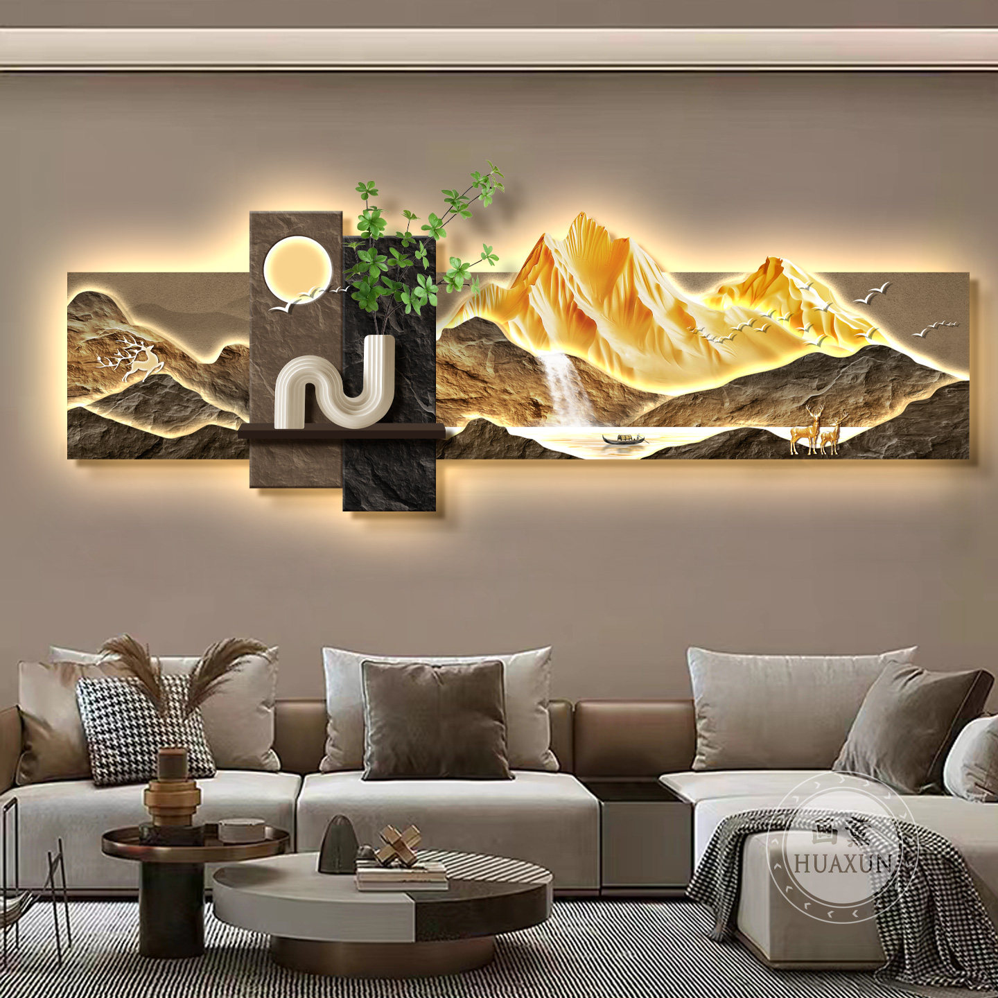 日照金山立体客厅装饰画高级感沙发背景墙挂画靠山图山水画壁画灯