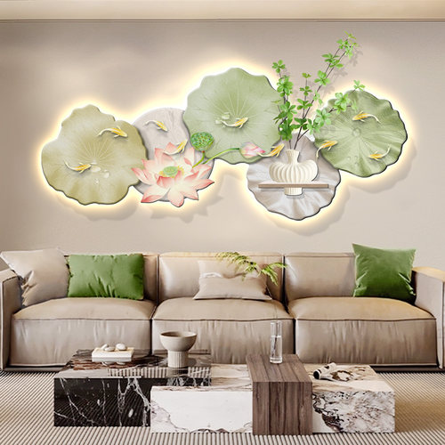 轻奢九鱼荷花LED灯光客厅挂画