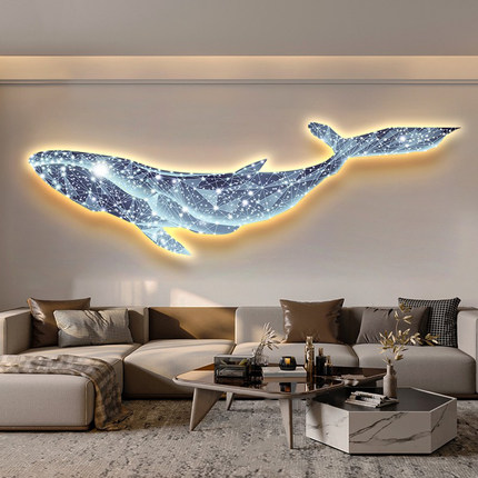 梦幻鲸鱼客厅背景装饰画现代轻奢创意led灯画新款主卧室床头挂画