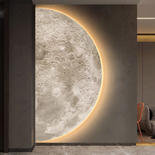 现代极简主义门厅装饰画、高端走廊走廊挂画、月亮质感卧室壁灯画