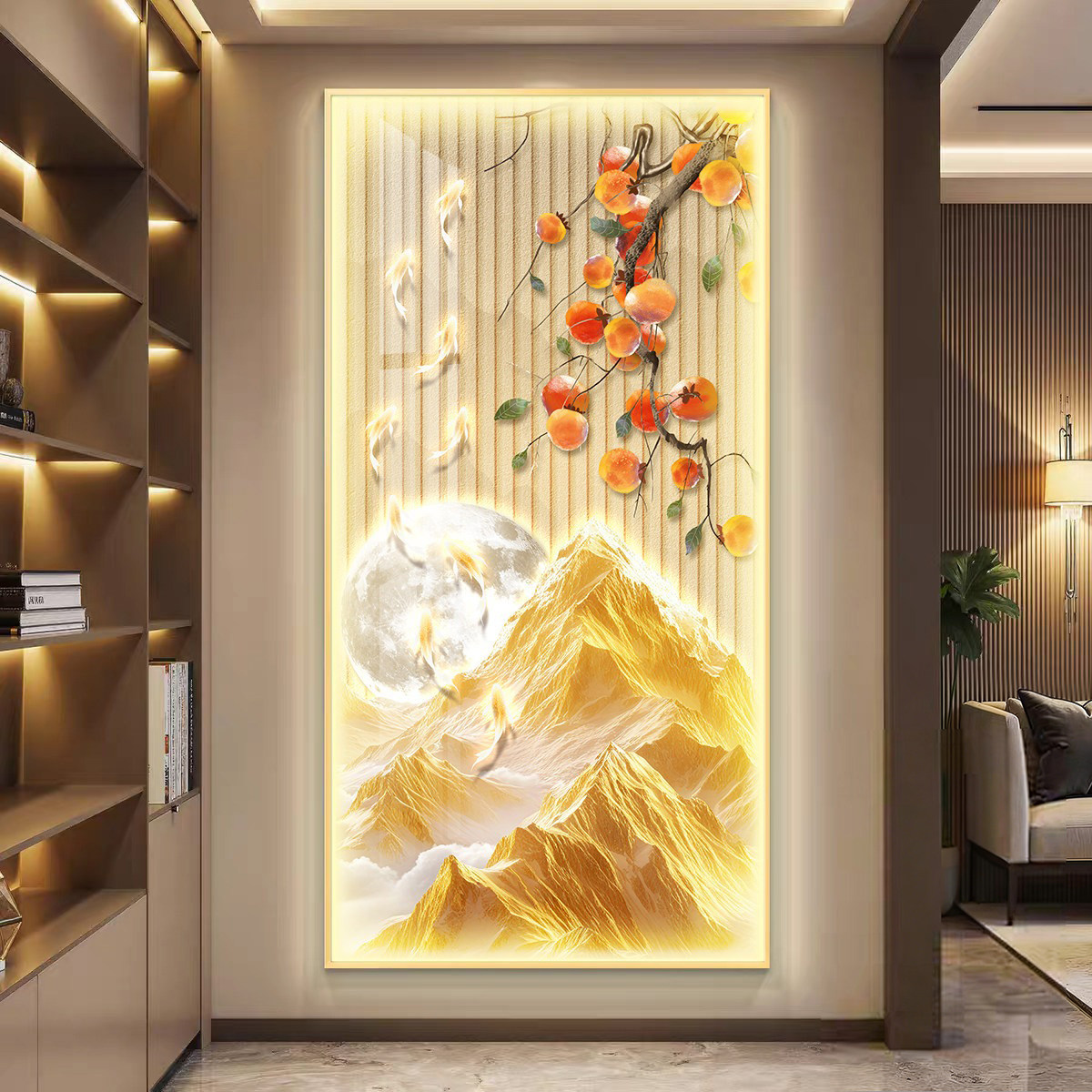 日照金山玄关装饰画柿柿如意走廊过道挂画led带灯入户正对门壁画
