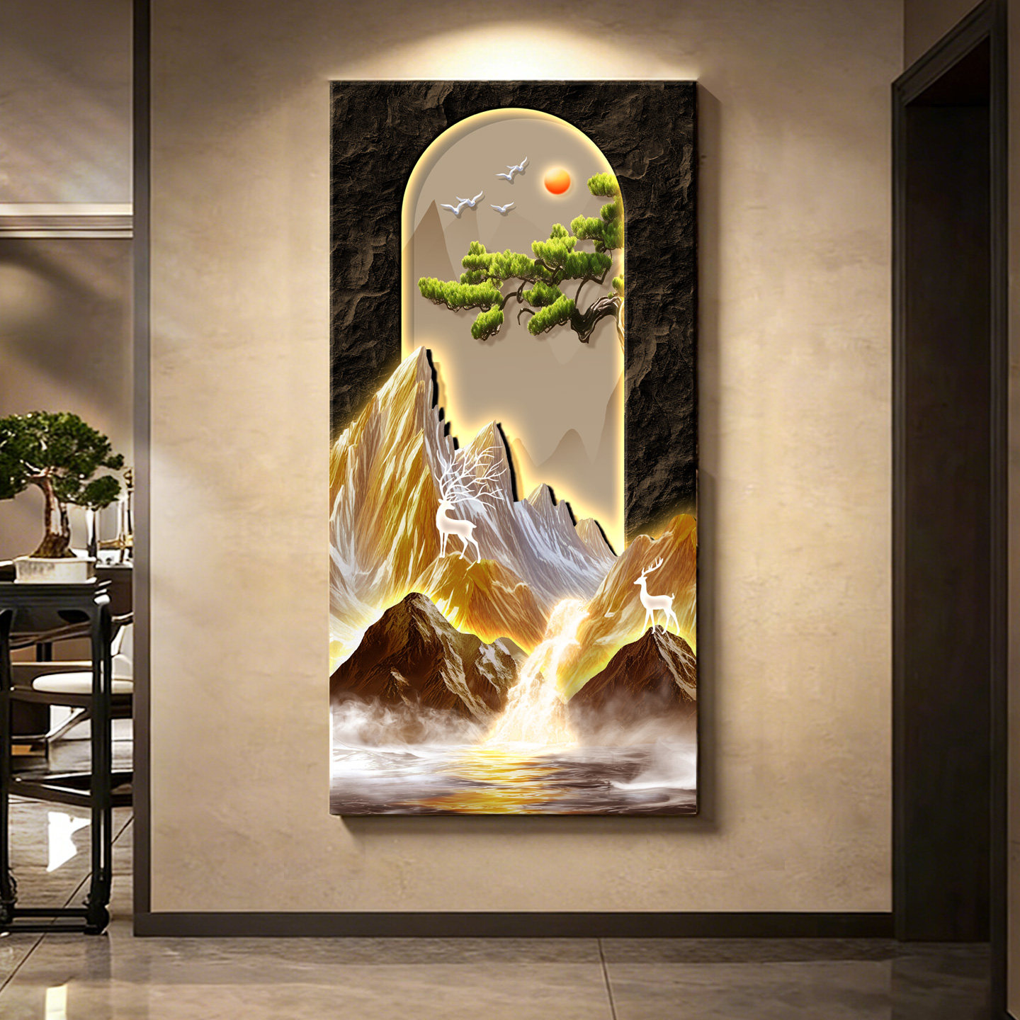 流水生财立体玄关装饰画入户正对门壁画灯高级感客厅走廊过道挂画