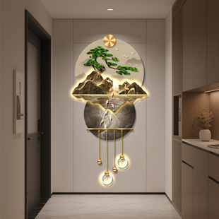 九鱼图入户玄关装饰画流水生财山水画高档立体壁灯画走廊过道挂画