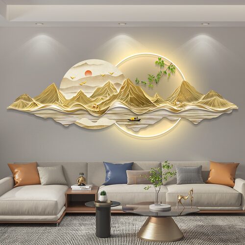轻奢现代带灯靠山客厅背景墙画