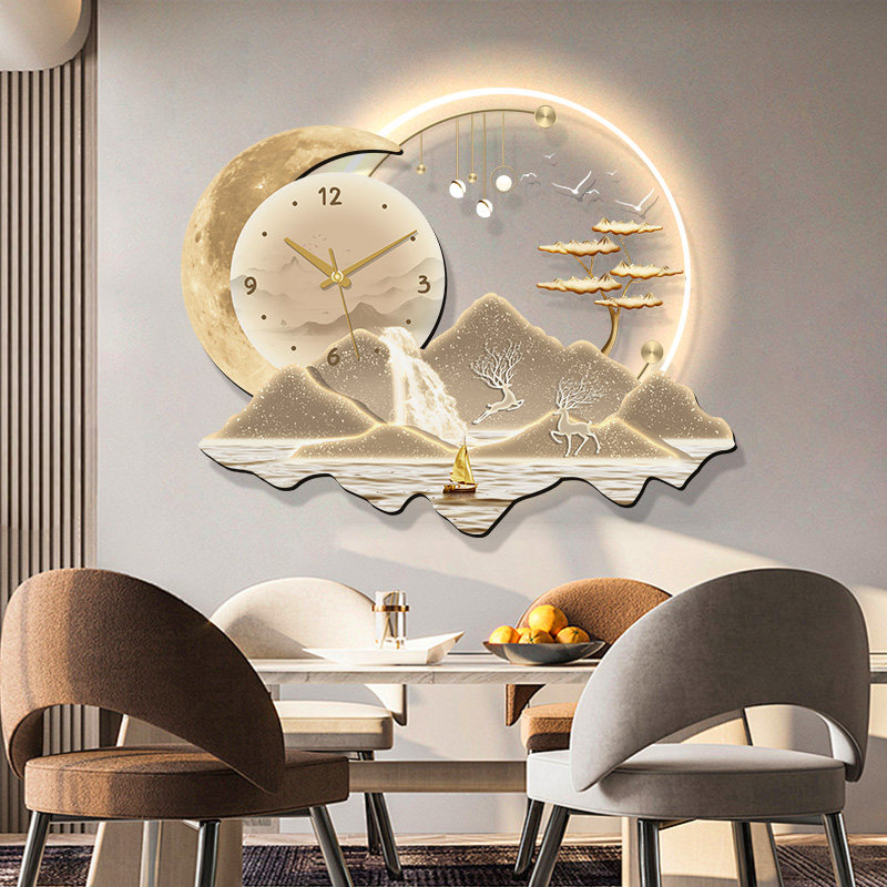 现代轻奢餐厅装饰画大气山水客厅钟表挂画高级感饭厅背景墙壁画灯