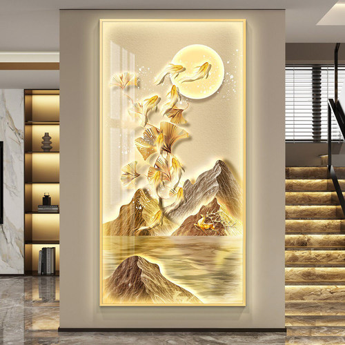 轻奢LED灯九鱼图玄关过道挂画
