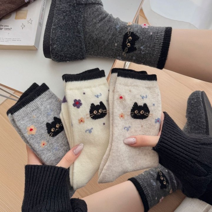 小猫灰色羊毛袜子女士秋冬季可爱