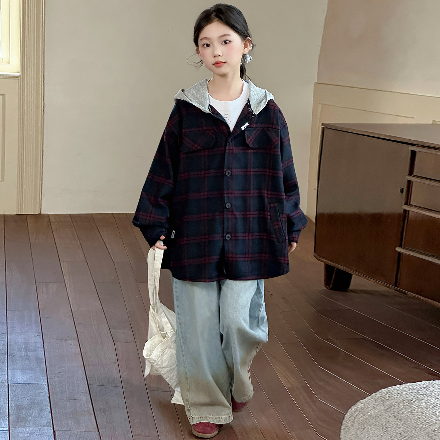 女童外套秋冬2025新款韩版儿童夹棉格子上衣女孩宽松加厚夹克洋气
