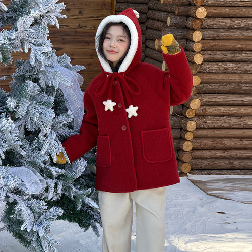 女童冬季加厚呢子大衣外套2026新款儿童公主风星星装饰毛呢拜年服