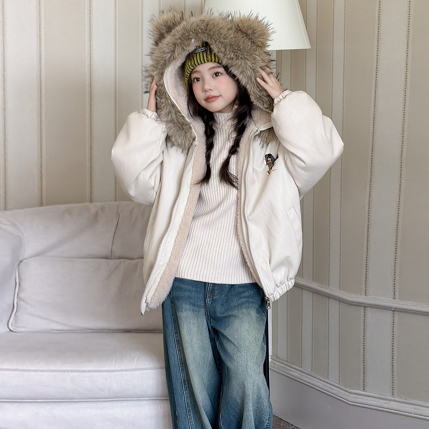 韩版女童加绒皮衣冬季2025新款连帽毛领夹克中大童保暖外套时尚潮