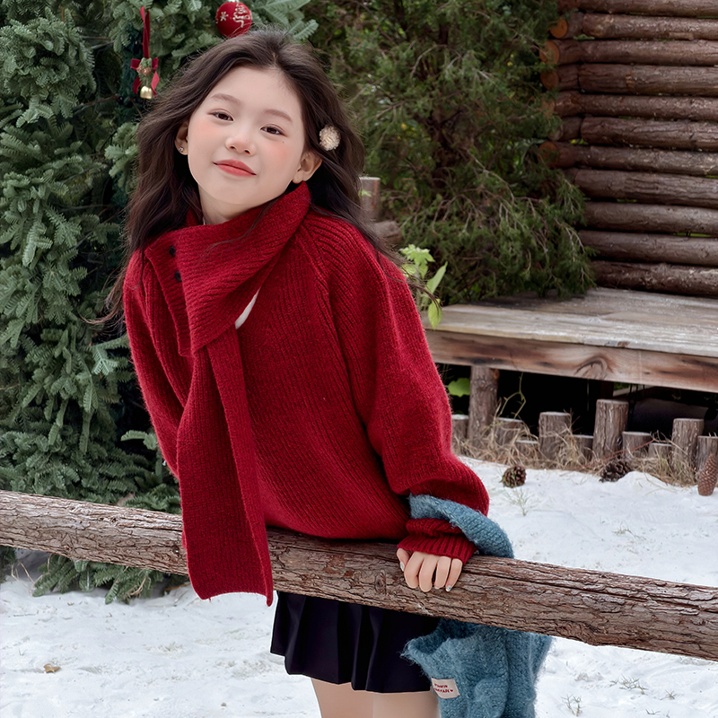 女童多巴胺风红色高领毛衣冬装2025新款儿童慵懒松弛感针织衫洋气