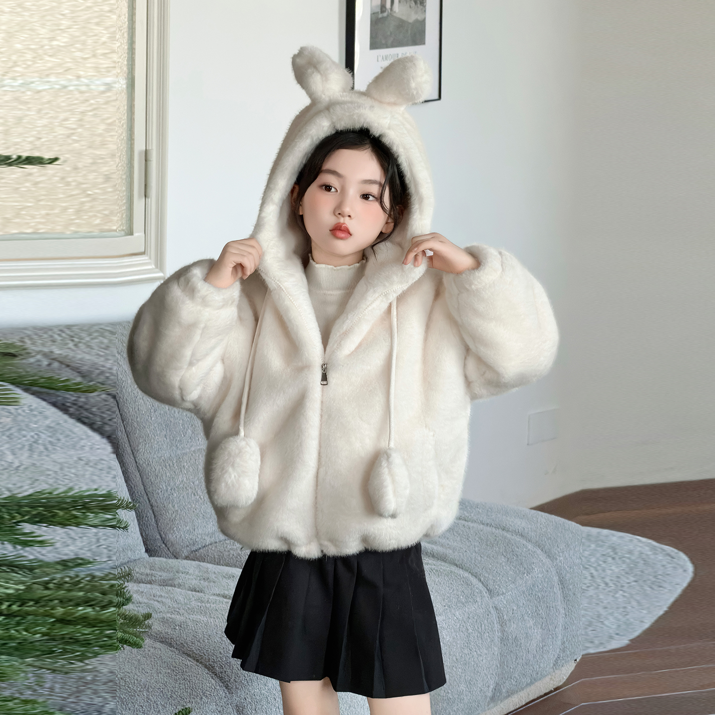 女童水貂毛连帽毛毛衣冬装2025新款儿童可爱兔耳加厚仿皮草外套潮