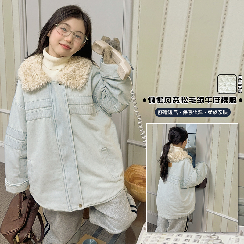 女童韩版冬装牛仔加绒外套2025新款小女孩复古加厚冬季保暖棉衣潮