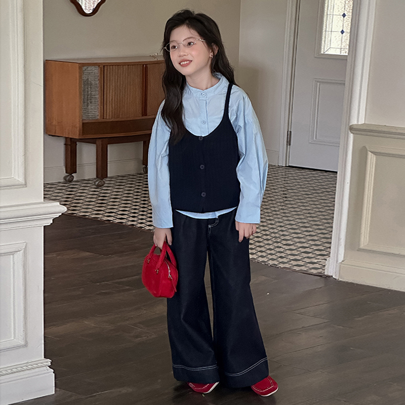 女童秋装套装2025新款韩版儿童洋气时髦马甲衬衫女孩秋季牛仔裤潮